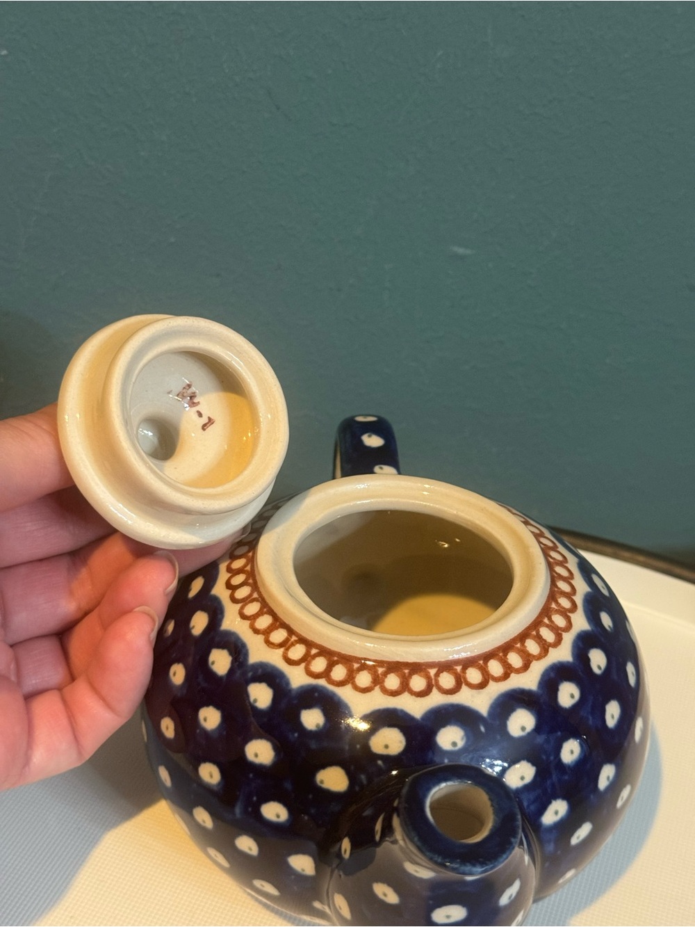 Boleslawiec Polish Pottery Small Blue Peacock Polka Dot Teapot - Picture 5 of 8